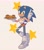 Size: 1822x2048 | Tagged: safe, artist:unmonn, sonic the hedgehog, hedgehog, 2023, alternate outfit, blushing, burger, clothes, crop top, food, freckles, grey background, hooters, hooters outfit, leg warmers, looking at viewer, male, midriff, name tag, onion ring, plate, shoelaces, short shorts, shorts, simple background, smile, sneakers, solo, standing, standing on one leg, star (symbol)