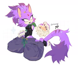 Size: 2048x1707 | Tagged: safe, artist:fleetstarr, blaze the cat, cat, 2026, alternate outfit, bolero, claws, clothes, ear fluff, female, fur markings, grey background, hand on hip, kneeling, leotard, looking offscreen, looking up, mouth open, pants, shrunken pupils, simple background, solo, toeless socks