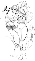Size: 557x966 | Tagged: safe, artist:izipizzie, tangle the lemur, whisper the wolf, 2025, arrow, cute, duo, eyes closed, female, heart, hugging, jumping, line art, mid-air, monochrome, shipping, simple background, smile, standing, tangabetes, tangle x whisper, text, whispabetes, white background