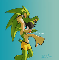 Size: 2014x2056 | Tagged: safe, artist:mauhawkman, surge the tenrec, 2026, alternate outfit, belly button, clothes, female, gradient background, looking at viewer, shorts, signature, solo, standing, standing on one leg, text, thumbs down, tongue out, topless