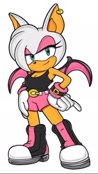 Size: 1080x1917 | Tagged: safe, artist:same8189, rouge the bat, bat, sonic adventure 2, 2026, alternate hairstyle, alternate version, belt, boots, cleavage, clothes, crop top, ear piercing, earring, eyelashes, female, hand on hip, lidded eyes, looking at viewer, piercing, pointing, shorts, simple background, smile, smiling at viewer, solo, style emulation, uekawa style, white background