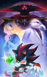 Size: 1253x2048 | Tagged: safe, artist:shiiyou2, black doom, gerald robotnik, maria robotnik, shadow the hedgehog, human, 2026, alien, chaos emerald, female, frown, group, holding something, male, moon, planet, quartet, shadow the hedgehog (video game), shine, space, star (sky)
