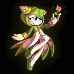 Size: 1575x1575 | Tagged: safe, artist:lebluenooki, cosmo the seedrian, 2026, eyelashes, female, flower, gradient background, looking at something, mouth open, signature, smile, solo, sparkles, tulip