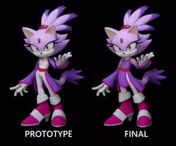 Size: 2048x1704 | Tagged: safe, artist:m_ariel_e, blaze the cat, cat, 2026, 3d, alternate outfit, black background, clothes, comparison, duality, english text, eyelashes, female, hand out, looking at viewer, reaching out, reaching towards the viewer, simple background, smile, smiling at viewer, solo, standing, text