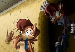 Size: 1199x834 | Tagged: safe, artist:jadepesky, sally acorn, chipmunk, 2026, blood, crossover, duo, female, kane pixels the backrooms, looking offscreen, sally's ringblader outfit, sally's vest and boots, standing, still life (kane pixels the backrooms), the backrooms