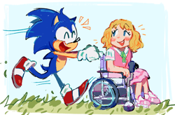 Size: 838x549 | Tagged: safe, artist:r0b0t1m3, sonic the hedgehog, human, sonic x, blushing, cute, disabled, duo, female, grass, happy, helen, helenabetes, holding something, male, mouth open, open smile, running, scar, smile, sonabetes, top surgery scars, trans boy sonic, trans male, transgender, wheelchair, wholesome