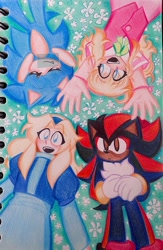 Size: 1337x2048 | Tagged: safe, artist:panpanmint, maria robotnik, shadow the hedgehog, sonic the hedgehog, hedgehog, human, 2025, arms behind head, cute, daytime, disabled, eye clipping through hair, eyebrow clipping through hair, eyes closed, female, frown, grass, group, hands together, helen, helenabetes, lying down, male, mariabetes, mouth open, one fang, outdoors, shadowbetes, smile, sonabetes, traditional media