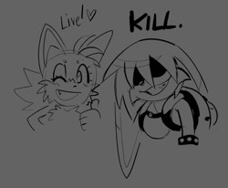 Size: 1372x1132 | Tagged: safe, artist:son1c, kit the fennec, miles "tails" prower, 2026, bust, duo, eyelashes, grey background, heart, line art, male, monochrome, mouth open, one fang, open smile, shadowed face, simple background, sketch, smile, text, thumbs up, wink