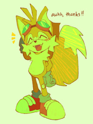 Size: 1536x2048 | Tagged: safe, artist:panashunic, miles "tails" prower, fox, 2025, ask response, bandaid, blushing, cute, dialogue, english text, exclamation mark, eyes closed, eyewear on head, fangs, goggles, goggles on head, grey background, hand on head, hand on hip, male, mouth open, open smile, simple background, smile, solo, standing, text