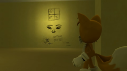 Size: 1920x1080 | Tagged: safe, artist:greatwhite studios, miles "tails" prower, 3d, crossover, graffiti, looking at something, screencap, solo, the backrooms