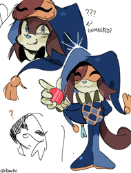 Size: 1080x1424 | Tagged: safe, artist:koasku, agender, agender soleil, english text, holding something, lunar the suger glider, mask, question mark, simple background, smile, soleil the sugar glider, solo, solo agender, sugar glider, text, white background