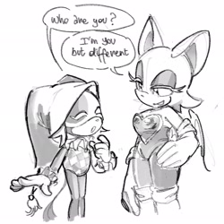 Size: 2048x2047 | Tagged: safe, artist:threedots000, rouge the bat, bat, 2025, agender, agender soleil, dialogue, duo, english text, female, grey background, greyscale, hand on hip, lidded eyes, looking at each other, lunar the suger glider, monochrome, simple background, smile, soleil the sugar glider, standing, sugar glider, talking, text
