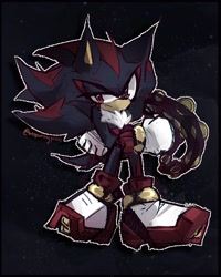 Size: 824x1032 | Tagged: safe, artist:wispurringpines, shadow the hedgehog, hedgehog, 2026, arms folded, cute, holding something, looking at viewer, male, musical instrument, one fang, outline, shadowbetes, signature, smile, solo, standing, tambourine
