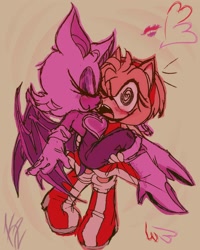 Size: 1638x2048 | Tagged: safe, artist:cinnabastian, amy rose, rouge the bat, bat, hedgehog, 2026, amy x rouge, beige background, blushing, blushing ears, carrying them, duo, eyes closed, female, kiss, kiss on cheek, lesbian, monochrome, one eye closed, shipping, signature, simple background, sketch, smile, standing, surprise kiss, surprised