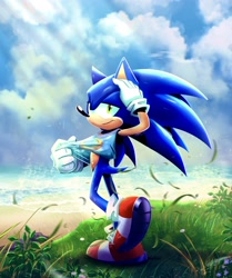 Size: 1710x2048 | Tagged: safe, artist:inksnouts, sonic the hedgehog, hedgehog, 2026, abstract background, beach, clouds, crepuscular rays, crop top, daytime, flower, grass, grass blade, hand on head, lidded eyes, lineless, looking at viewer, male, ocean, outdoors, plant, sand, smile, smiling at viewer, solo, standing, standing on one leg, treads, water
