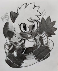 Size: 1670x2048 | Tagged: safe, artist:ch1b1k0, tangle the lemur, lemur, 2026, female, greyscale, looking at viewer, monochrome, pointing, signature, smile, solo, traditional media, wrapped in tail