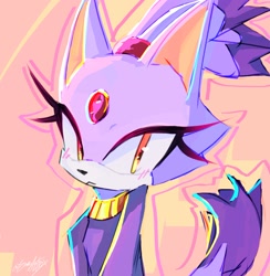 Size: 1924x1971 | Tagged: safe, artist:sonicartisx, blaze the cat, 2026, :<, blazebetes, cute, frown, looking at viewer, outline, pink background, simple background, solo
