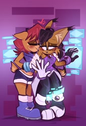Size: 1398x2048 | Tagged: safe, artist:macmonsterart, nicole the hololynx, sally acorn, 2026, blushing, cute, digital static, duo, heart, hologram screen, lesbian, nicabetes, nicole x sally, nuzzle, sallabetes, shipping, smile, standing