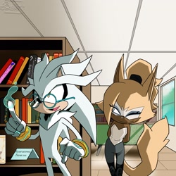 Size: 2048x2048 | Tagged: safe, artist:butterrrmoth, silver the hedgehog, whisper the wolf, 2026, book, daytime, duo, glasses, indoors, library, one eye closed, pointing, psychokinesis, smile, standing, window