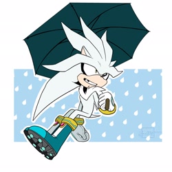 Size: 2048x2048 | Tagged: safe, artist:butterrrmoth, silver the hedgehog, hedgehog, 2026, flat colors, holding something, looking offscreen, male, missing tooth, outline, rain, signature, sitting, smile, solo, treads, umbrella