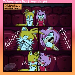 Size: 1473x1473 | Tagged: safe, artist:duvalin009, amy rose, miles "tails" prower, ..., 2025, amy x tails, blushing, border, chair, comic, duo, embarrassed, english text, exclamation mark, eyes closed, frown, indoors, looking at each other, looking at viewer, movie theater, pout, question mark, scared, screaming, shipping, sitting, straight, tailamy week, text