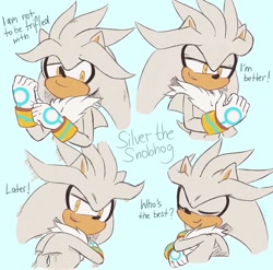 Size: 600x593 | Tagged: safe, artist:freedomfightersonic, silver the hedgehog, hedgehog, arms folded, blue background, character name, dialogue, english text, flat colors, lidded eyes, male, simple background, smile, smug, solo, text