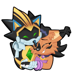 Size: 4096x4096 | Tagged: safe, artist:dragon22551, nicole the hololynx, sonic the hedgehog, lynx, 2023, blank background, cute, duo, eyes closed, female, grin, hand on another's hand, happy, hugging, male, nicole x shard, robot, shipping, smile, straight