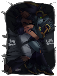 Size: 1200x1600 | Tagged: safe, artist:galaxynite, nicole the hololynx, sonic the hedgehog, lynx, 2017, bed, blanket, cuddling, dark, duo, english text, eyes closed, female, hugging, male, nicole x shard, robot, shadow (lighting), shipping, sleeping, straight, watermark
