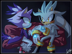 Size: 2430x1820 | Tagged: safe, artist:crystaitzel, blaze the cat, silver the hedgehog, cat, hedgehog, 2019, blaze x silver, blushing, duo, female, helping up, looking at each other, male, shipping, sitting, straight, wraps