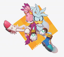 Size: 1926x1709 | Tagged: safe, artist:psln, blaze the cat, silver the hedgehog, cat, hedgehog, 2019, blaze x silver, duo, female, holding hands, leaning on each other, male, open mouth, shipping, simple background, sitting, sleeping, straight