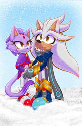 Size: 1280x1948 | Tagged: safe, artist:hayellinee, blaze the cat, silver the hedgehog, cat, hedgehog, 2021, blaze x silver, blushing, clothes, daytime, duo, female, holding hands, looking offscreen, looking up, male, shipping, smile, snow, snowing, standing, straight, winter outfit