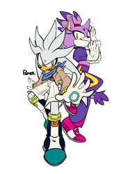 Size: 3068x4328 | Tagged: safe, artist:tracingpapier, blaze the cat, silver the hedgehog, cat, hedgehog, 2023, alternate outfit, blanket, blaze x silver, clothes, duo, female, fighting pose, fully clothed, jacket, looking at viewer, male, pants, pose, riders outfit, scarf, shipping, shirt, shorts, smile, straight