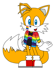Size: 1242x1589 | Tagged: safe, artist:jacobst75, miles "tails" prower, fox, 2026, alternate outfit, clothes, face paint, flat colors, gay pride, jacket, looking at viewer, male, pride, pride month, rainbow flag, shirt, simple background, smile, solo, standing, transparent background