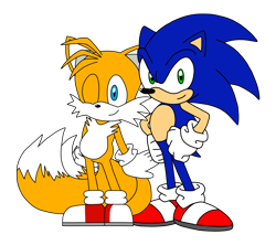 Size: 1852x1645 | Tagged: safe, artist:jacobst75, miles "tails" prower, sonic the hedgehog, 2026, duo, flat colors, hands on hips, looking at viewer, looking offscreen, simple background, smile, standing, transparent background, wink
