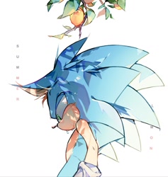 Size: 972x1024 | Tagged: safe, artist:lmmm205027, sonic the hedgehog, 2026, branch, ear fluff, food, fruit, lemon, looking down, plant, simple background, solo, standing, summer, sweatdrop, white background