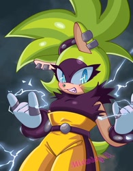 Size: 1578x2019 | Tagged: safe, artist:artangelo381341, surge the tenrec, 2026, devil horns (gesture), electricity, glowing eyes, looking at viewer, signature, smile, solo, standing