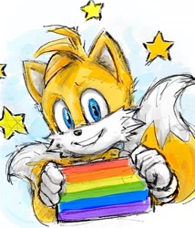 Size: 1491x1740 | Tagged: safe, artist:curly_quills, miles "tails" prower, fox, 2026, flag, gay pride, holding something, looking at viewer, male, movie style, pride, pride flag, pride month, rainbow flag, simple background, sketch, smile, solo, star (symbol), style emulation, white background