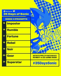 Size: 1642x2048 | Tagged: safe, artist:idwsonicnews, sonic the hedgehog, 2026, 35 days sonic, english text, eyestrain, smile, solo, text