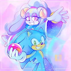 Size: 1663x1678 | Tagged: safe, artist:toketsuu, sonic the hedgehog, hedgehog, sheep, sonic dream team, 2026, 35 days sonic, ariem, dream orb, duo, female, holding something, looking at viewer, male, smile, sparkles