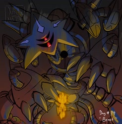 Size: 2014x2048 | Tagged: safe, artist:xitally_99, metal sonic, neo metal sonic, sonic the hedgehog, super sonic, 2026, 35 days sonic, black sclera, duo, english text, flying, glowing, gradient background, looking at each other, mid-air, signature, size difference, super form, text