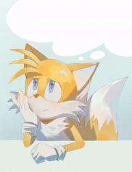 Size: 1579x2048 | Tagged: safe, artist:momocc02982421, miles "tails" prower, fox, 2026, frown, head rest, looking up, male, sitting, solo, table, thinking, thought bubble