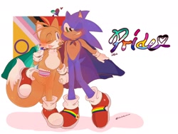 Size: 2048x1536 | Tagged: safe, artist:wussup_draws, miles "tails" prower, sonic the hedgehog, 2026, age difference, asexual pride, bandaid, bisexual, bisexual pride, cape, cute, duo, english text, femboy, femboy pride, gay, gay pride, heart, holding hands, lesbian pride, mlm pride, nonbinary pride, pansexual pride, pride, pride flag, pride month, progress pride, shipping, simple background, smile, sonic x tails, text, white background, wink