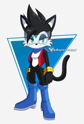 Size: 3000x4400 | Tagged: safe, artist:byghosteduard, hershey the cat, cat, 2021, bandana, female, glasses, looking at viewer, polka-dots background, simple background, solo, standing, triangle background, vest, white background