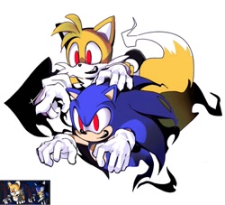 Size: 1185x1075 | Tagged: safe, artist:_b_l_e_e_m_, miles "tails" prower, sonic the hedgehog, 2026, alternate eye color, duo, mouth open, red eyes, reference inset, simple background, smile, sonic rivals 2, white background