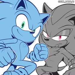 Size: 2048x2048 | Tagged: safe, artist:enn_luigi07, shadow the hedgehog, sonic the hedgehog, 2026, duo, frown, grey background, lidded eyes, looking at viewer, monochrome, signature, simple background, smile, spot color