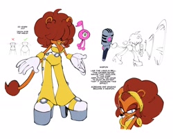 Size: 2048x1648 | Tagged: safe, artist:mariaartes51, wisp, oc, oc:curls the lioness, 2026, agender, bodysuit, cleavage, duo, english text, female, hair over eyes, headband, heels, lion, microphone, oc only, pink wisp, simple background, smile, standing, text, white background