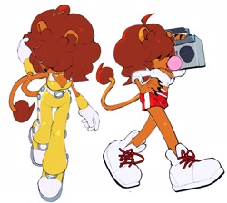 Size: 2048x1834 | Tagged: safe, artist:mariaartes51, oc, oc:curls the lioness, 2026, bodysuit, boombox, bubble, bubblegum, cleavage, duality, hair over eyes, hand on hip, holding something, lion, oc only, smile, solo, standing, walking, workout outfit