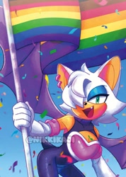 Size: 856x1200 | Tagged: safe, artist:nikkikaji, rouge the bat, bat, 2026, confetti, flag, gay pride, gender swap, gradient background, hair over one eye, holding something, looking at viewer, male, one fang, pride, pride flag, pride month, signature, smile, solo, standing