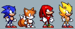 Size: 2048x808 | Tagged: safe, artist:casher716, artist:mars gainsboro, editor:casher716, knuckles the echidna, miles "tails" prower, sonic the hedgehog, super sonic, 2026, clenched fists, edit, grey background, group, no mouth, pixel art, self paradox, simple background, super form