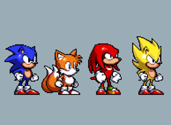 Size: 582x423 | Tagged: safe, artist:mars gainsboro, knuckles the echidna, miles "tails" prower, sonic the hedgehog, super sonic, 2026, clenched fists, grey background, group, no mouth, official artwork, pixel art, self paradox, simple background, super form